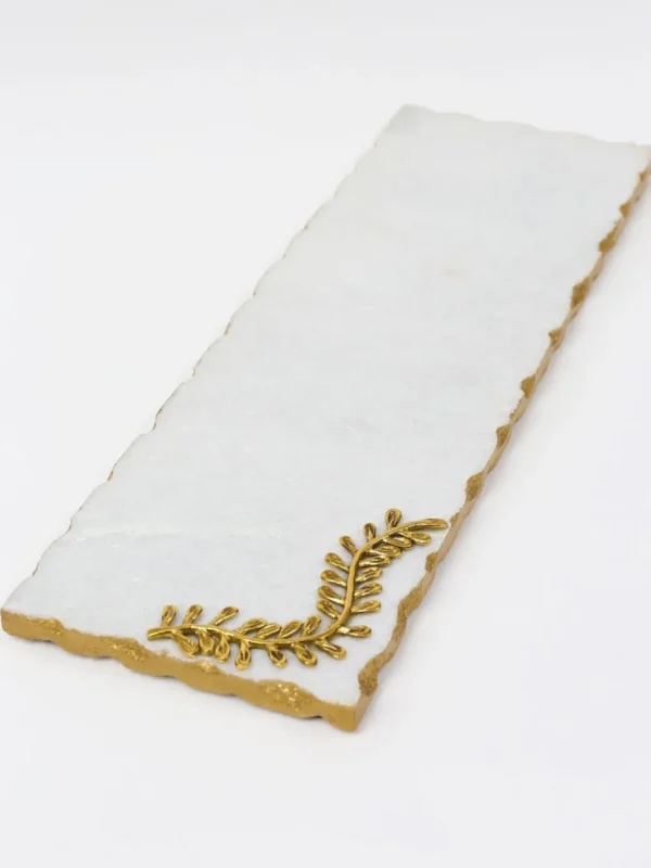 Inspire Me! Home Decor White Marble Tray With Gold Edge And Leaf Design