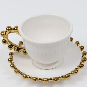 Inspire Me! Home Decor White And Gold Beaded Espresso Cup And Saucer