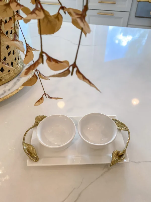 Inspire Me! Home Decor White Ceramic Tray With Serving Bowls And Gold Leaf