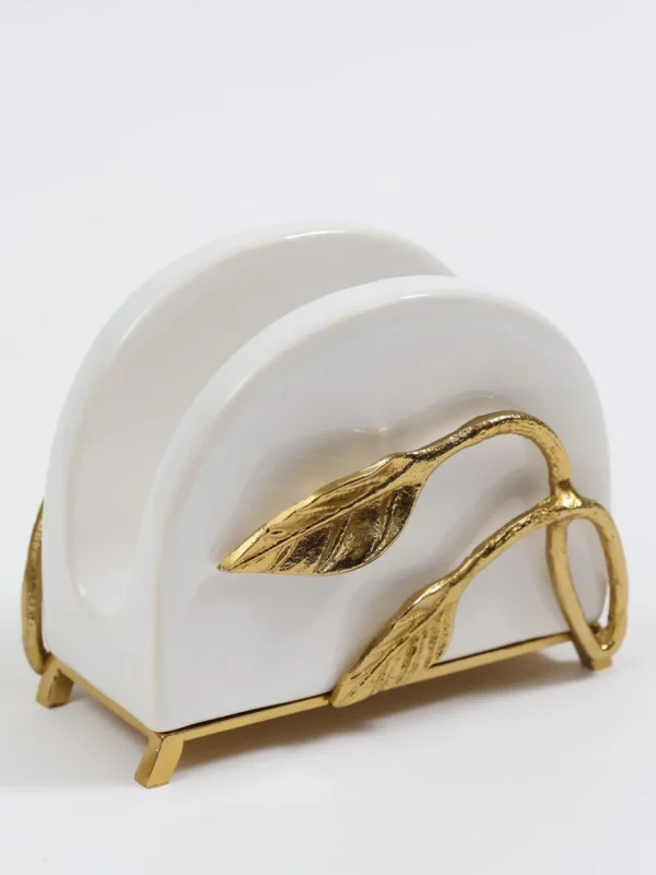 Inspire Me! Home Decor White Ceramic Napkin Holder With Gold Leaf