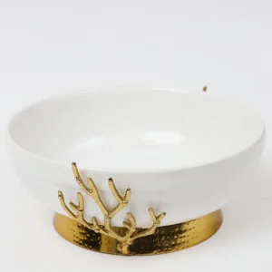 Inspire Me! Home Decor White Ceramic Bowl With Gold Textured Details On Gold Base ” From Pops Of Color Home Collection”