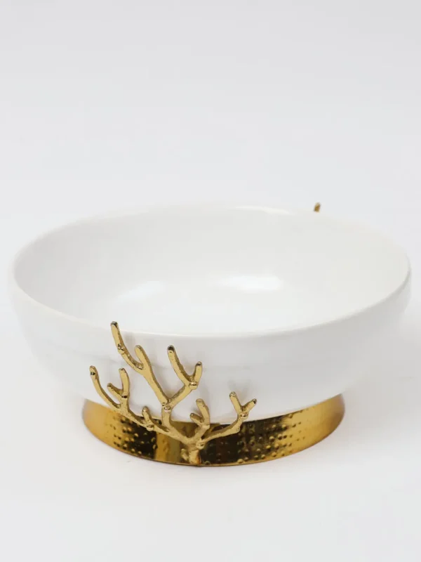 Inspire Me! Home Decor White Ceramic Bowl With Gold Textured Details On Gold Base ” From Pops Of Color Home Collection”