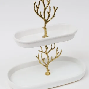 Inspire Me! Home Decor White Ceramic Two Tier Cake Stand With Gold Textured Details ” From Pops Of Color Home Collection”