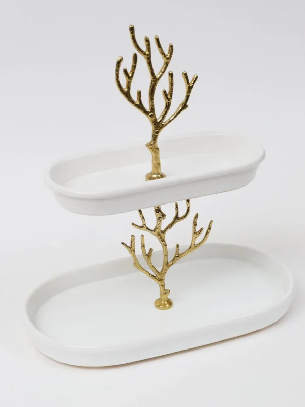 Inspire Me! Home Decor White Ceramic Two Tier Cake Stand With Gold Textured Details ” From Pops Of Color Home Collection”