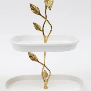 Inspire Me! Home Decor White Ceramic Two Tier Cake Stand With Gold Leaf Details