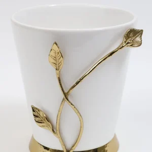 Inspire Me! Home Decor White Ceramic Utensil Holder With Gold Leaf Details & Base