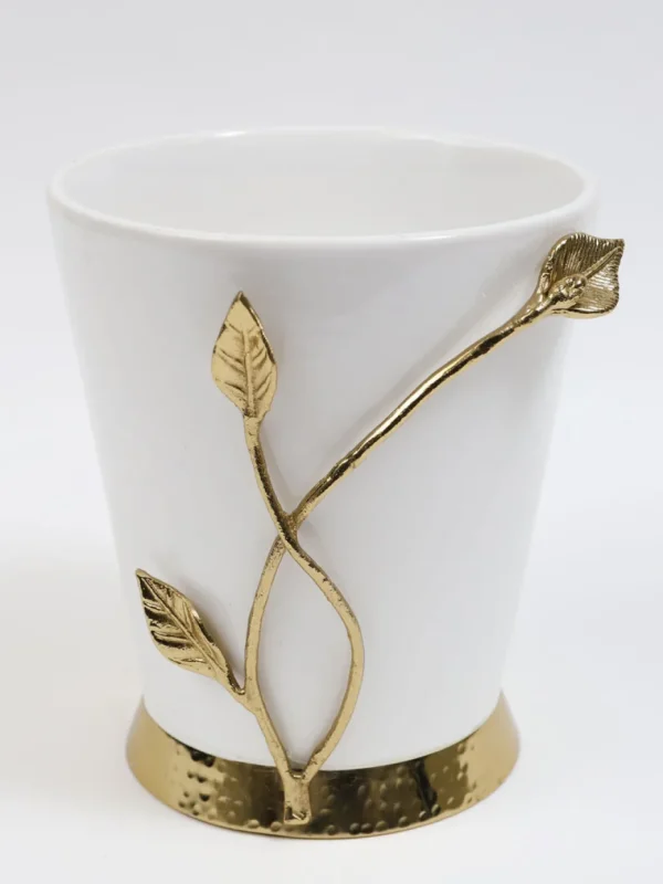 Inspire Me! Home Decor White Ceramic Utensil Holder With Gold Leaf Details & Base