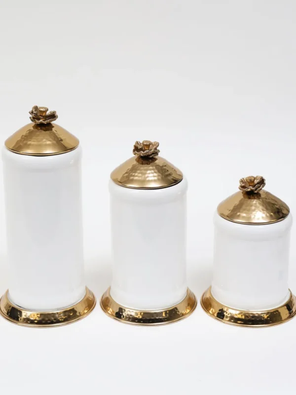 Inspire Me! Home Decor White Ceramic Jars With Gold Flower Lid (3 Sizes)