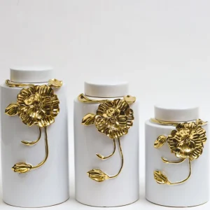 Inspire Me! Home Decor White Ceramic Jar With Gold Floral Design (3 Sizes)