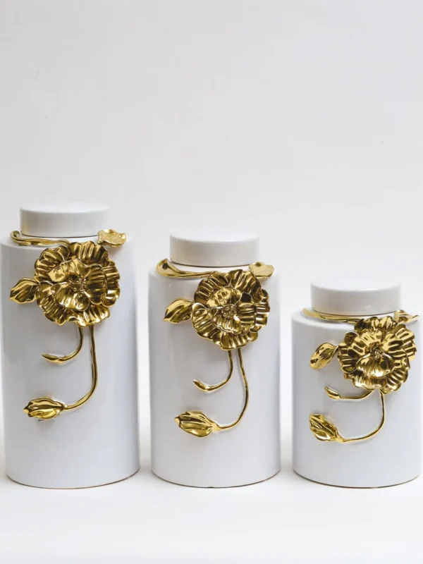 Inspire Me! Home Decor White Ceramic Jar With Gold Floral Design (3 Sizes)