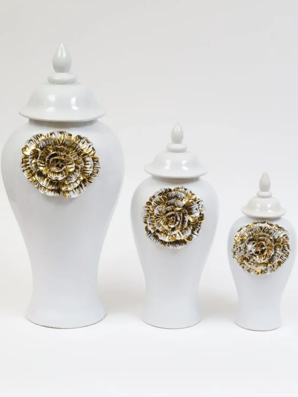 Inspire Me! Home Decor White Ginger Jar With Large Gold Flower Detail (3 Sizes)