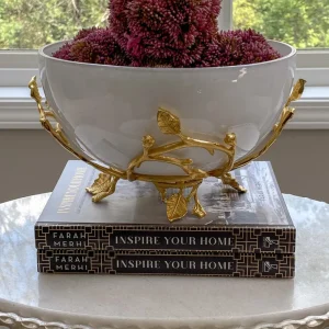 Inspire Me! Home Decor White Glass Bowl With Gold Leaf Stand