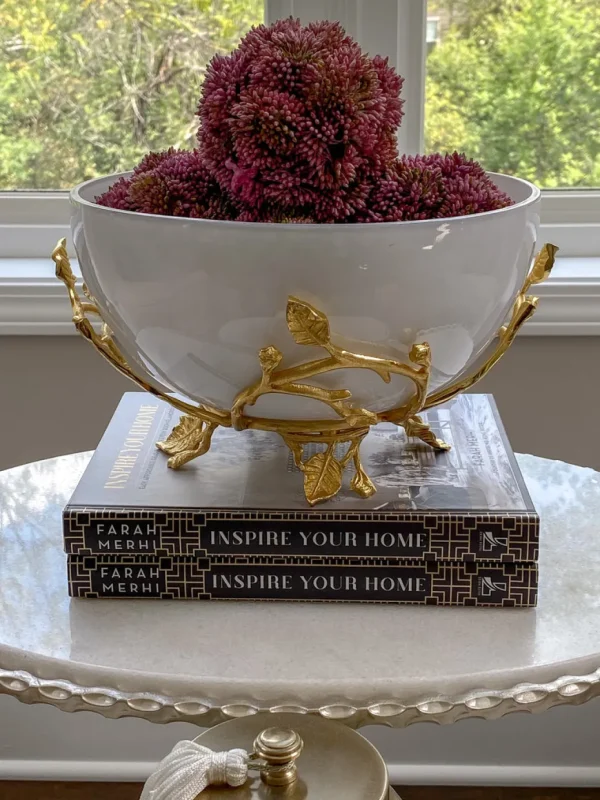 Inspire Me! Home Decor White Glass Bowl With Gold Leaf Stand