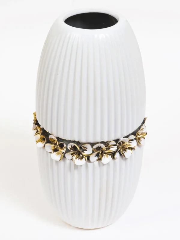 Inspire Me! Home Decor White Linear Ceramic Vase With Gold Floral Detail