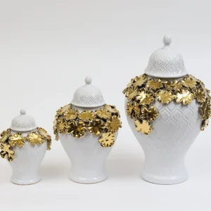 Inspire Me! Home Decor White Textured Ginger Jar With Gold Floral Design (3 Sizes)