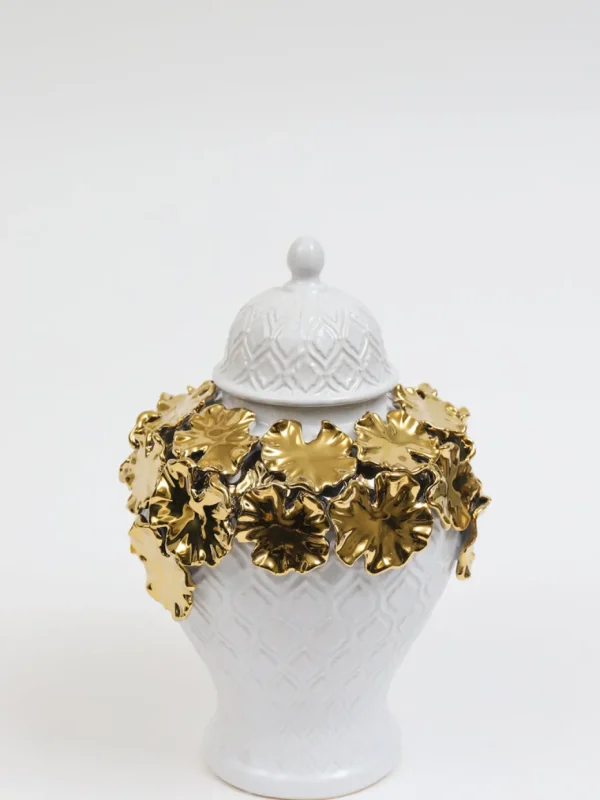 Inspire Me! Home Decor White Textured Ginger Jar With Gold Floral Design (3 Sizes)