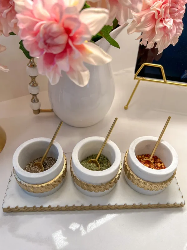 Inspire Me! Home Decor White Marble Condiment Tray With 3 Bowls & Golden Spoons