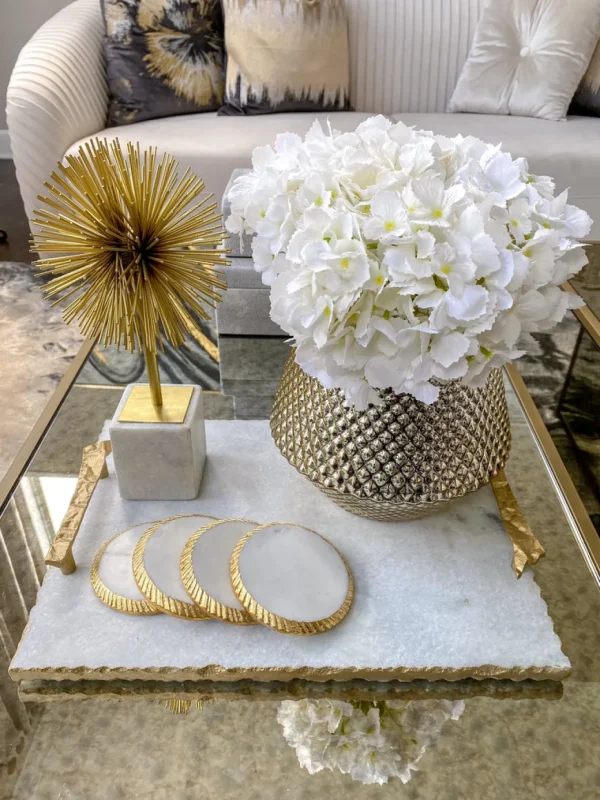 Inspire Me! Home Decor White Marble Tray With Gold Textured Handles And Edge