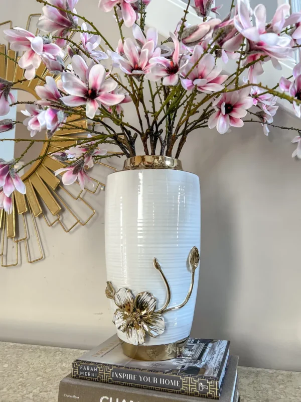 Inspire Me! Home Decor White & Gold Vase With White Floral Design