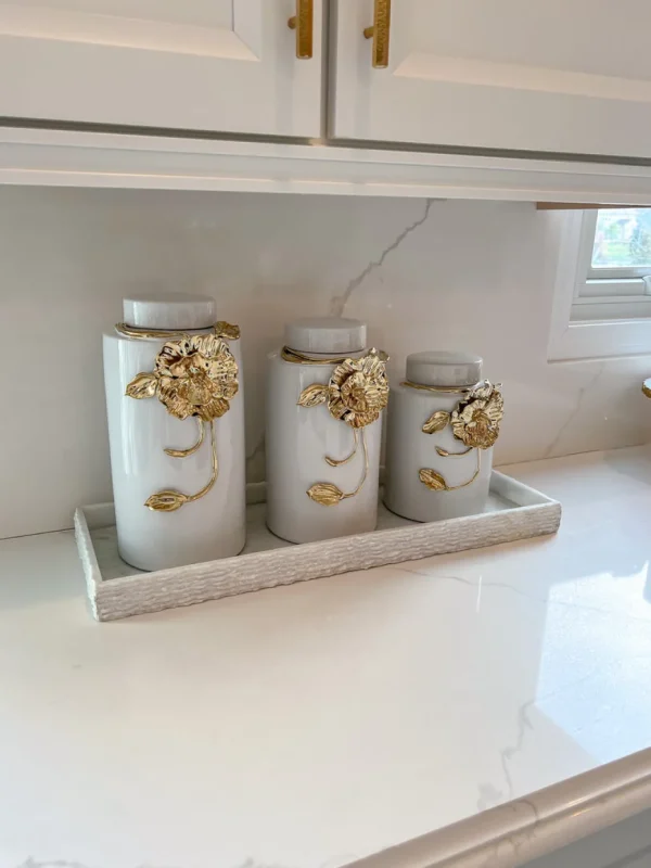 Inspire Me! Home Decor White Ceramic Jar With Gold Floral Design (3 Sizes)