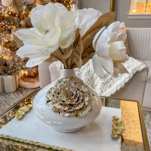 Inspire Me! Home Decor White Ceramic Vase With Gold Flower Design
