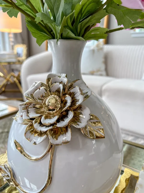 Inspire Me! Home Decor White Ceramic Vase With Gold Textured Flower Design