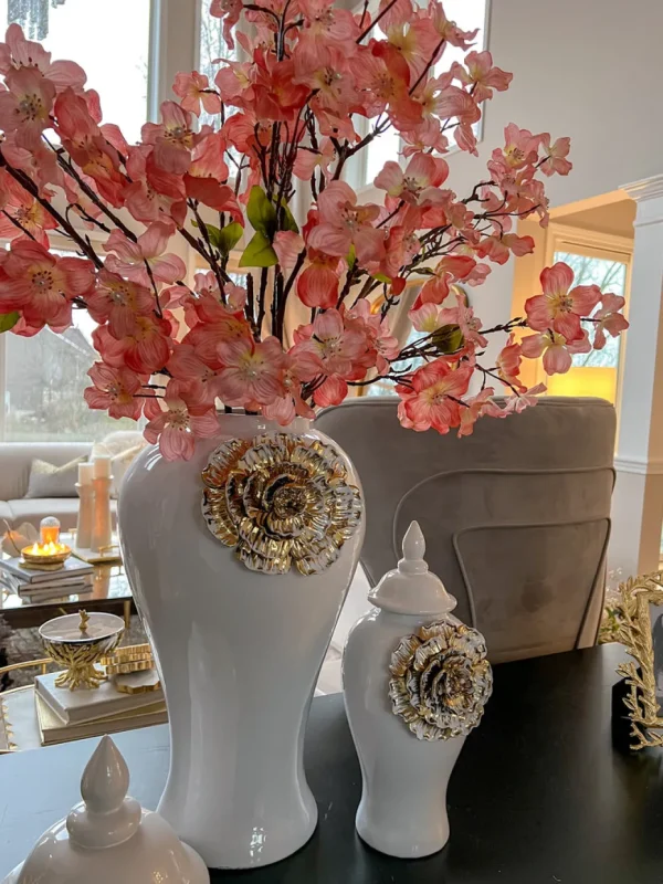 Inspire Me! Home Decor White Ginger Jar With Large Gold Flower Detail (3 Sizes)
