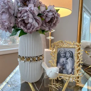 Inspire Me! Home Decor White Linear Ceramic Vase With Gold Floral Detail