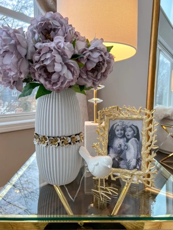 Inspire Me! Home Decor White Linear Ceramic Vase With Gold Floral Detail