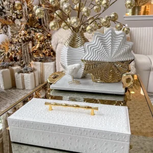 Inspire Me! Home Decor White Faux Leather Lidded Box With Gold Handle