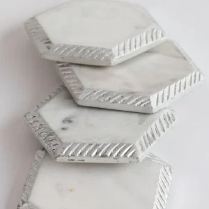 Inspire Me! Home Decor White Marble Hexagon Coasters W/ Silver Edge