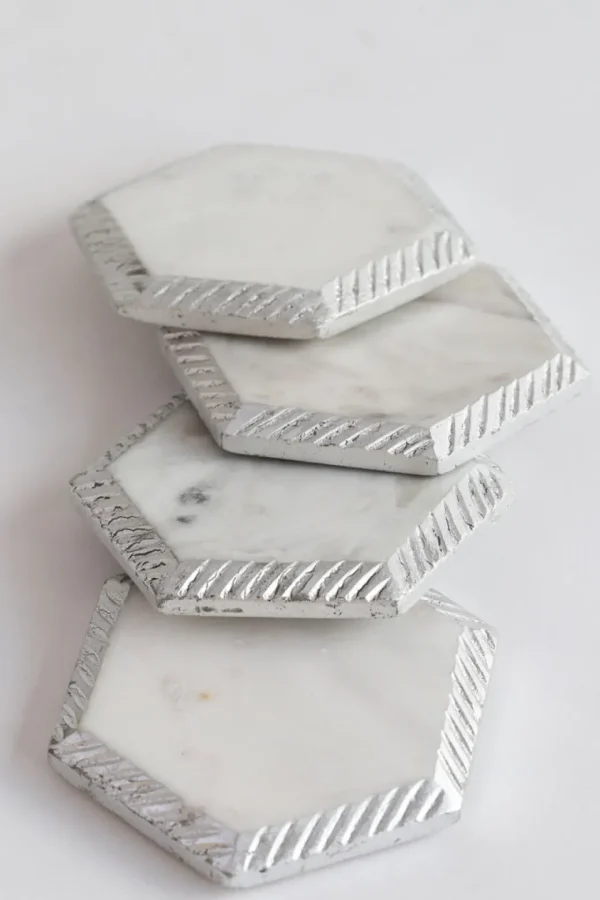 Inspire Me! Home Decor White Marble Hexagon Coasters W/ Silver Edge