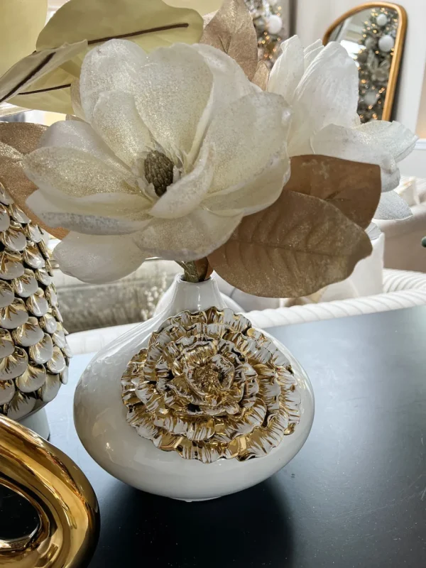 Inspire Me! Home Decor White Ceramic Vase With Gold Flower Design