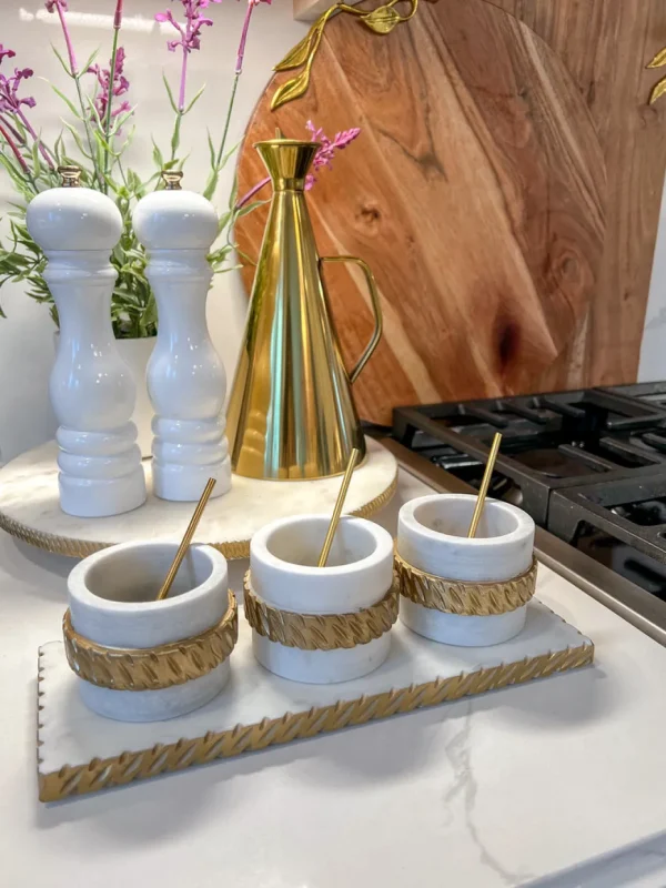 Inspire Me! Home Decor White Marble Condiment Tray With 3 Bowls & Golden Spoons