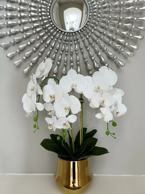 Inspire Me! Home Decor White Faux Orchid In Shiny Gold Pot “From Pops Of Color Home Collection” Floral Stems