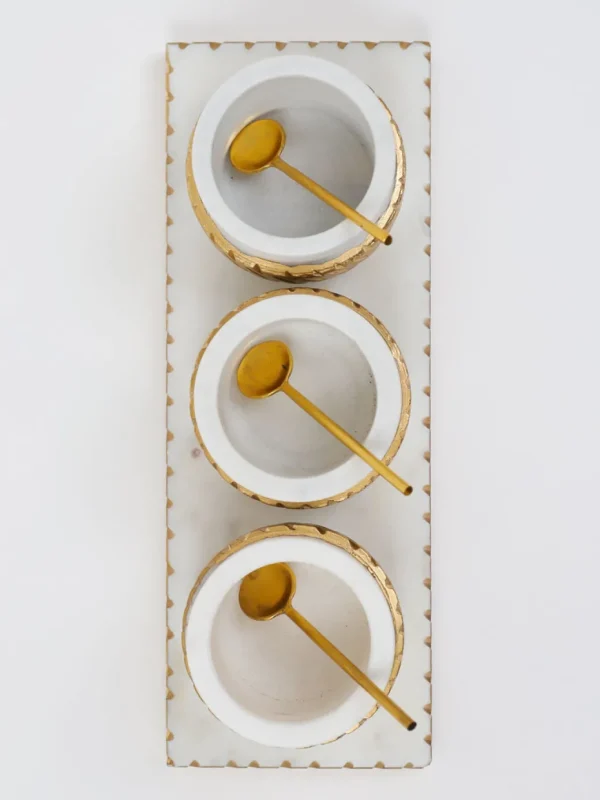 Inspire Me! Home Decor White Marble Condiment Tray With 3 Bowls & Golden Spoons