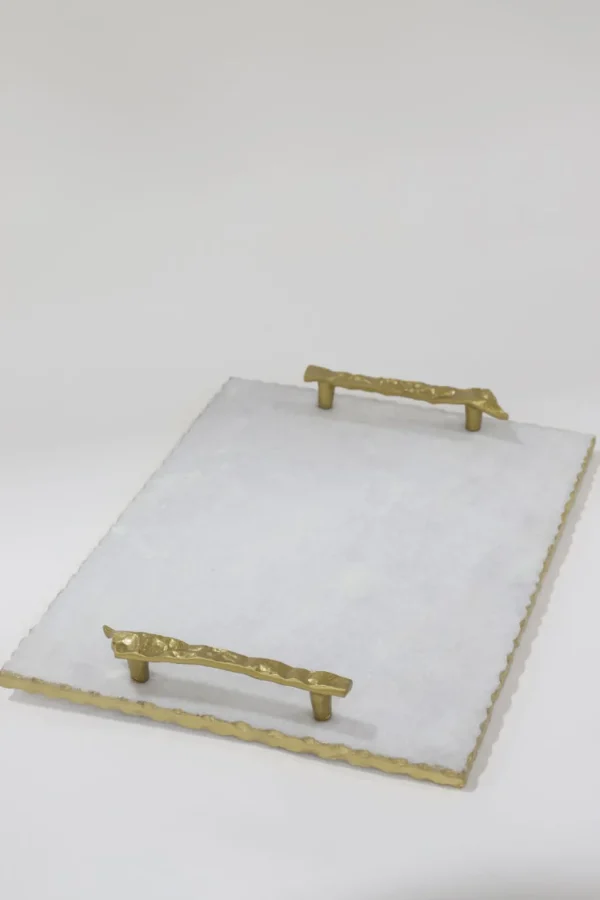 Inspire Me! Home Decor White Marble Tray With Gold Textured Handles And Edge