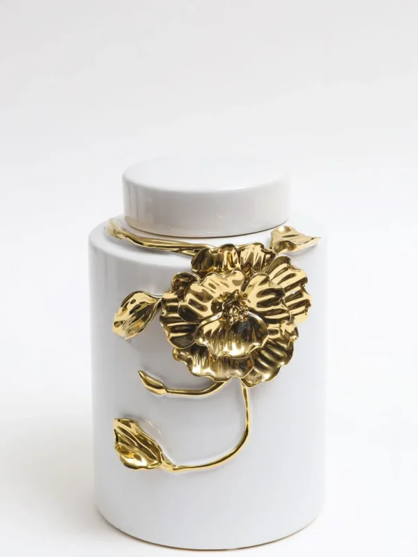 Inspire Me! Home Decor White Ceramic Jar With Gold Floral Design (3 Sizes)