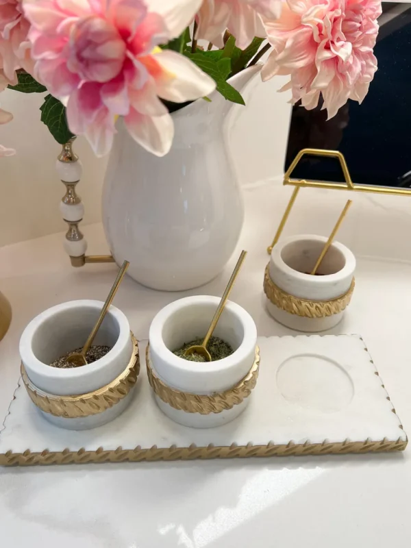 Inspire Me! Home Decor White Marble Condiment Tray With 3 Bowls & Golden Spoons