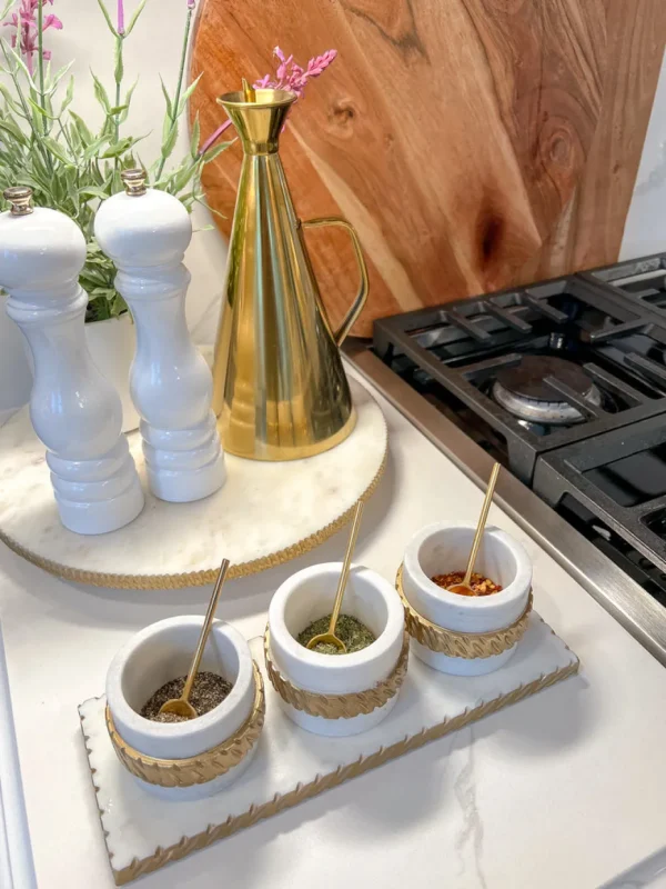 Inspire Me! Home Decor White Marble Condiment Tray With 3 Bowls & Golden Spoons