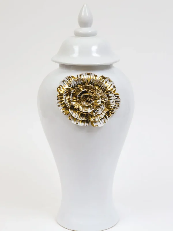 Inspire Me! Home Decor White Ginger Jar With Large Gold Flower Detail (3 Sizes)