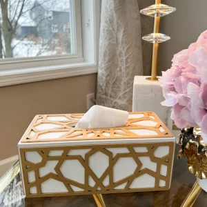 Inspire Me! Home Decor Wood Gold And White Tissue Box Cover